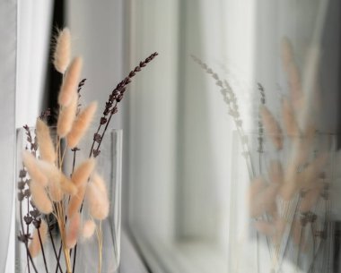 Dekoratif pofuduk çiçeklerin fotoğrafı şeffaf bir vazoda, pencerenin kenarında, dairenin penceresinin yanında. Rahatlık konsepti.