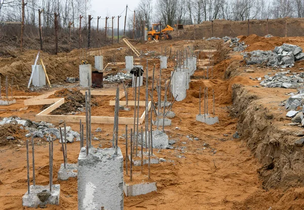 Photo Construction Metal Rods Concrete Pillars Background Construction Site Equipment Stock Image