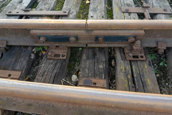 Foto Close Uma Antiga Ferrovia Madeira Trem Conceito Natureza Resumo — Fotografia de Stock