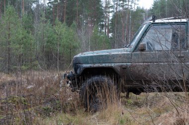 Çamurlu çakıl yolunda bir off-road siyah arabanın fotoğrafı. Ağaçlarla birlikte ormanda SUV ile yarışıyoruz. Otomobil kavramı.