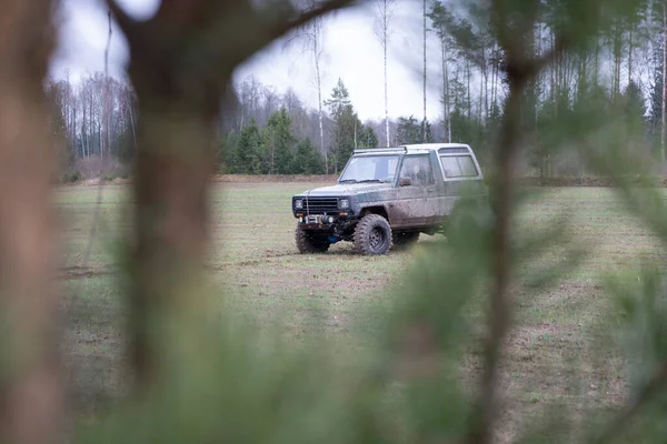 4X4 Suv Vehicle Road Terrain Wet Dirt Route Transportation Sport — Fotografia de Stock