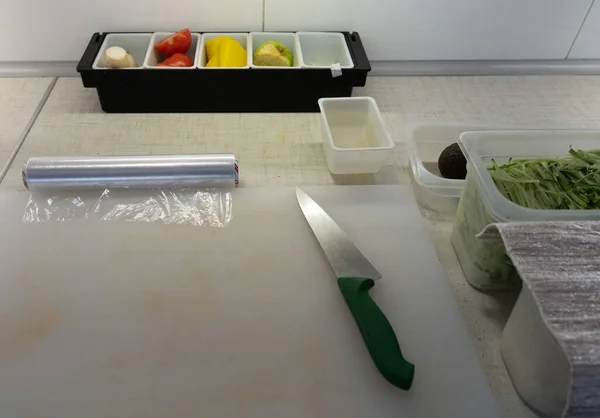 Preparation Products Making Sushi Restaurant Kitchen Knife Cutting Board — Stockfoto