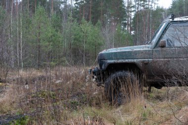 Çamurlu çakıl yolunda bir off-road siyah arabanın fotoğrafı. Ağaçlarla birlikte ormanda SUV ile yarışıyoruz. Otomobil kavramı.