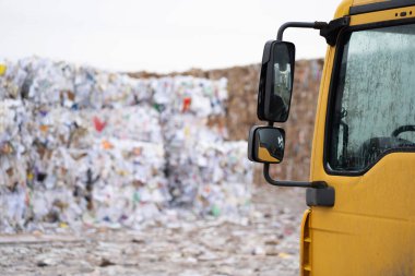 Çöp teslimatı için bir araba ve geri dönüşüm için de karton.