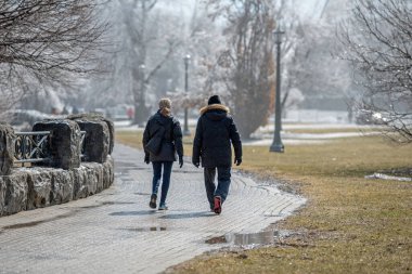 Kafkasyalı heteroseksüel bir çift Niagara Şelalesi, Ontario, Kanada 'da bir kış günü siste kaldırım taşı patikası boyunca yürüyorlar..