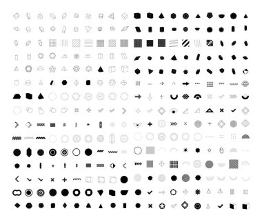 Büyük bir soyut geometrik ikon koleksiyonu, şekiller. Eşsiz bir kavramsal tasarım için grafik elementler. Beyaz arkaplanda siyah şekiller izole.