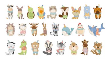 Şirin çizgi film hayvanlarının vektör koleksiyonu. Çocuk kitapları, kartlar, çıkartmalar, baskılar için karakterler. Çocuklar için çizimler.