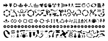 Siyah okların vektör koleksiyonu. Klasik stilde büyük noktalar, işaretler, imleçler, navigasyonlar ve arayüz ögeleri kümesi.