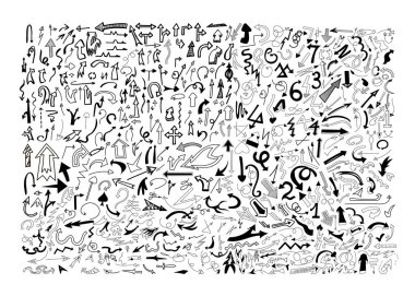 Büyük siyah karalama okları. Doğrusal ve doldurulmuş simgeler. Elle çizilmiş soyut oklar.