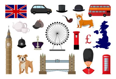 Büyük Britanya Birleşik Krallığı ile ilişkili vektör nesneler. Londra 'nın modern düz stil simgelerinin resimleri..