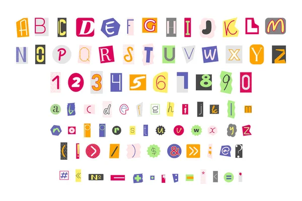 Цветные Буквы Цифры Знаки Препинания Листах Блокнотов Наклейках Смешной Алфавит — стоковый вектор