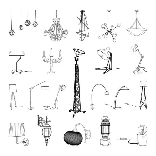 Collectie Van Monochrome Illustraties Van Lampen Schets Stijl Handtekeningen Art — Stockvector