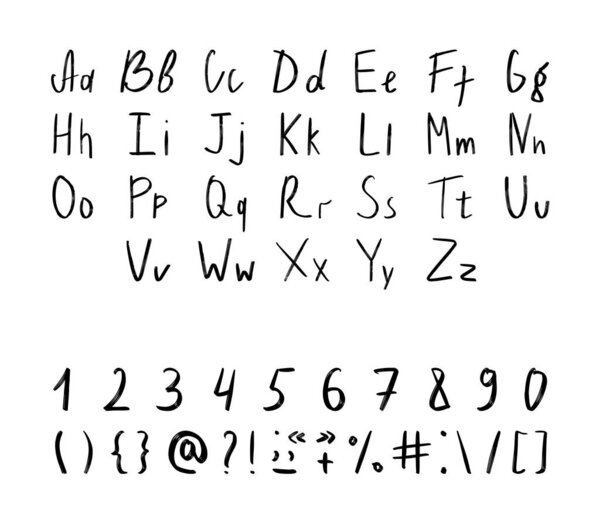 Vector set of textured and grunge letters, numbers and punctuation marks for your font. Alphabet with exclamation and question mark, plus, minus, colon, point, comma and other signs. Handwritten ABC.