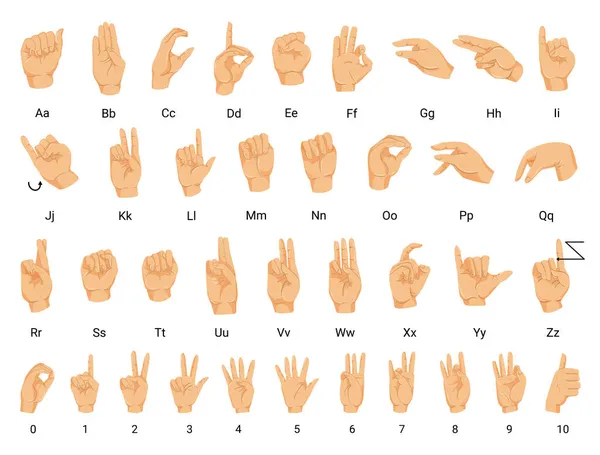 Collection Hand Gestures Deaf Dumb Alphabet Numbers — Vettoriale Stock