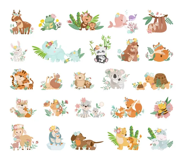 Lindas Ilustraciones Dibujos Animados Animales Con Sus Hijos Colección Vectorial — Vector de stock