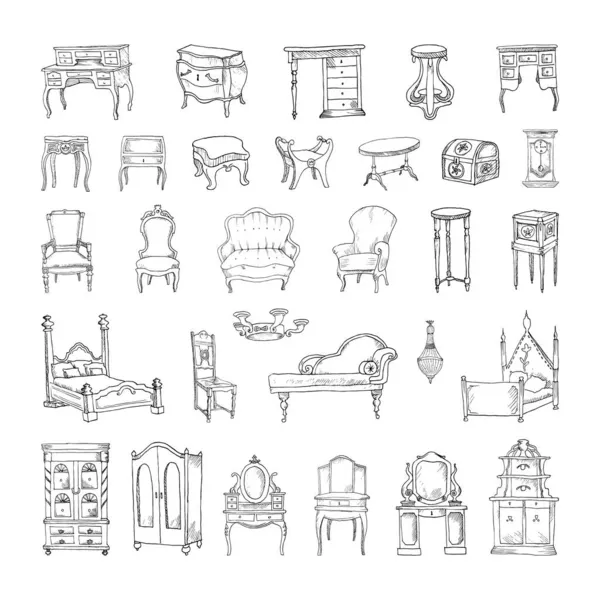 Coleção Ilustrações Monocromáticas Mobiliário Antigo Estilo Esboço Desenhos Mão Estilo —  Vetores de Stock