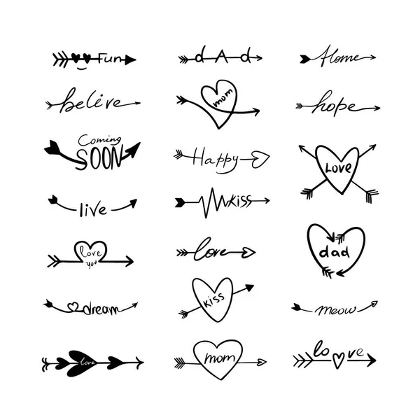 Collection Lettrage Avec Flèches Ensemble Messages Amour Dessinés Main Mignons — Image vectorielle