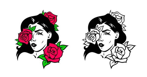 Vektoros Illusztrációk Egy Szexi Lány Arcáról Rózsákkal Sablon Tetováláshoz Pólónyomathoz — Stock Vector