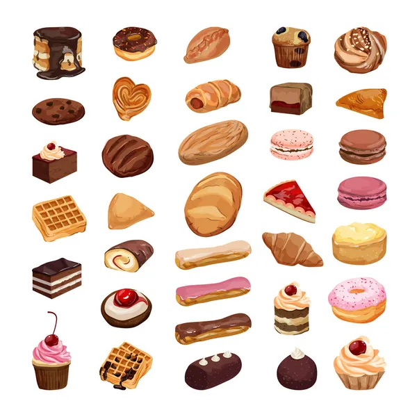 Colección Vectorial Pasteles Realistas Pasteles Otros Dulces Conjunto Hornear — Archivo Imágenes Vectoriales