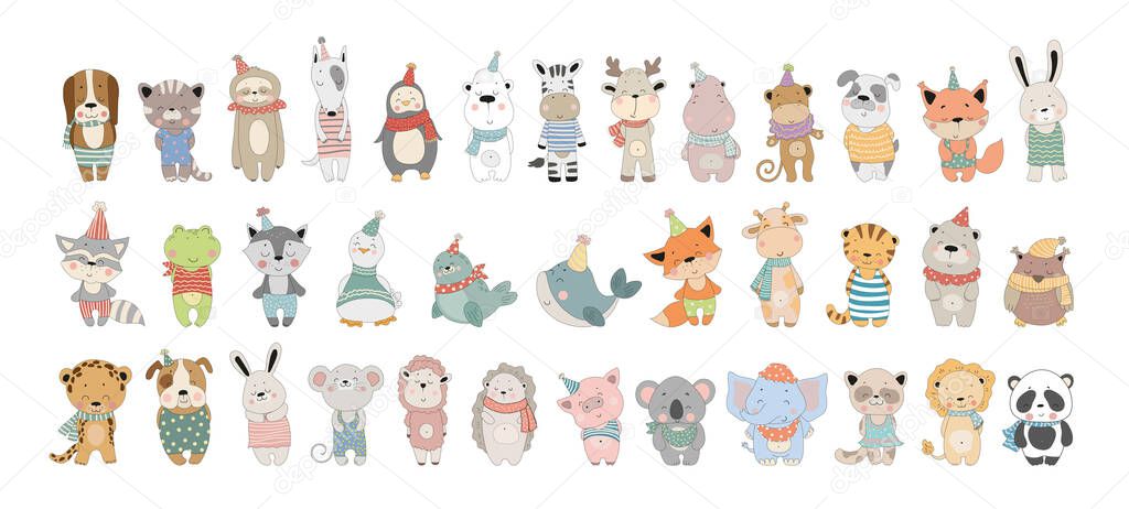 Vector collection of cute cartoon animals. Characters for children's books, cards, stickers, prints. Illustrations for kids.