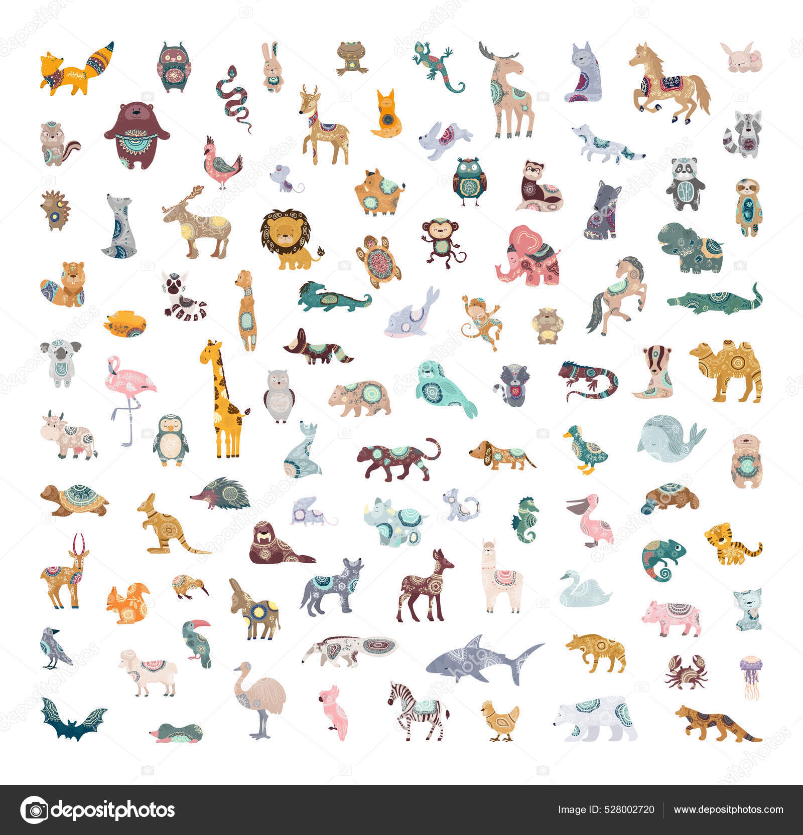 Векторная Коллекция Милых Животных Абстрактными Рисунками.