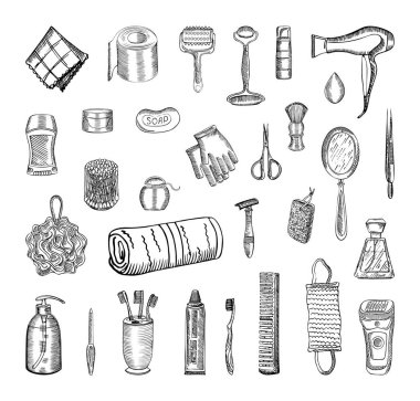 Eskiz tarzında tek renkli güzellik ve sağlık örnekleri koleksiyonu. Resim mürekkebi şeklinde el çizimleri. Siyah beyaz grafikler.