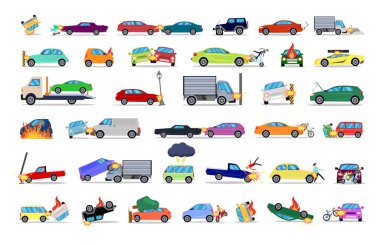 Trafik kazalarından oluşan bir seçim. Arabaların, kamyonların, insanların, motosikletlerin, bisikletlerin, pusetlerin olduğu acil durumlar. Çarpışmalar ve araçların yangınları. Araba kazaları resimlerini çizer.