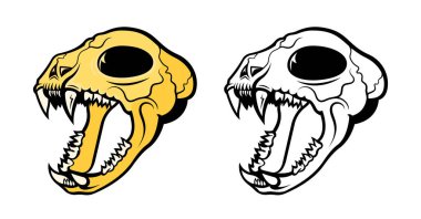 Elle çizilmiş korkunç bir kedinin kafatasının vektör çizimi. Siyah beyaz ve renkli tişörtler için modern baskı. Herhangi bir tasarım için grafik şablonu.