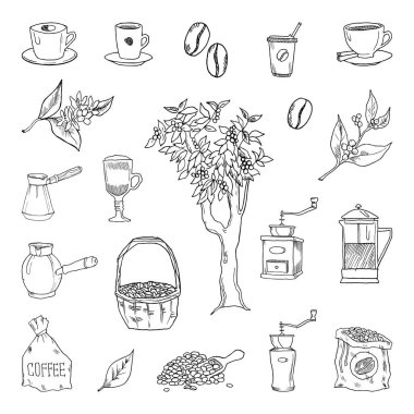 Eskiz tarzında tek renkli kahve illüstrasyonları koleksiyonu. Resim mürekkebi şeklinde el çizimleri. Siyah beyaz grafikler.