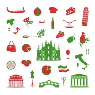 İtalya 'yla ilgili nesneler koleksiyonu. İtalyan simgelerinin vektör illüstrasyonu.