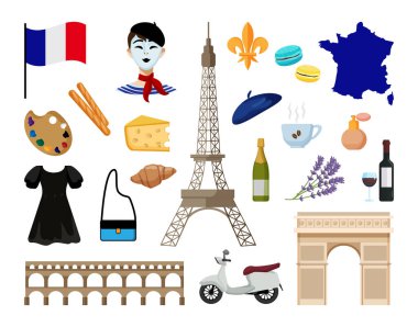 Paris 'le bağlantılı vektör nesneler. Fransa 'nın modern düz tarzdaki simgeleri.