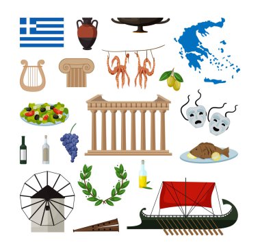 Yunanistan ile ilişkili vektör nesneleri. Modern düz stilde Yunan simgelerinin resimleri.