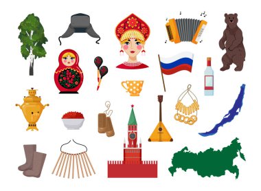 Rusya ile ilişkili vektör nesneleri. Modern düz tarzda Rus simgelerinin resimleri..