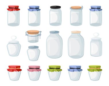 Beyaz arka planda turşulu ürünler için cam kavanozlar..