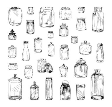 Çizim tarzında cam kavanozların monokrom çizimleri. Resim mürekkebi şeklinde el çizimleri. Siyah beyaz grafikler.