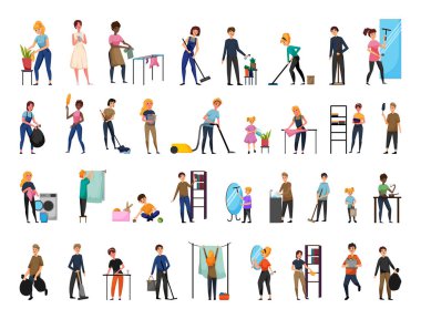 Çeşitli ev hizmetleri sunan karakter koleksiyonu.