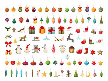 Noel oyuncakları, hediyeler ve ağaç süslemeleri koleksiyonu.