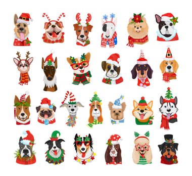 Farklı cinsten köpek avatarları Noel kostümleri içinde..