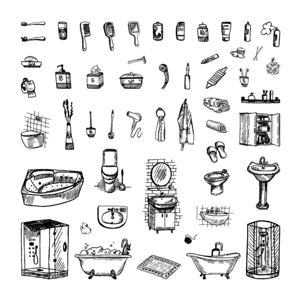 Συλλογή Μονόχρωμων Εικονογραφήσεων Μπάνιου Στυλ Σκίτσο Χειροποίητα Σχέδια Στυλ Μελάνι — Διανυσματικό Αρχείο