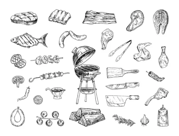 Collection Illustrations Monochromes Barbecue Style Croquis Dessins Main Style Encre — Image vectorielle