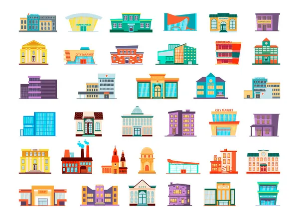 Düz Stil Renkli Binalar Koleksiyonu Şehir Binaları Yapıları — Stok Vektör