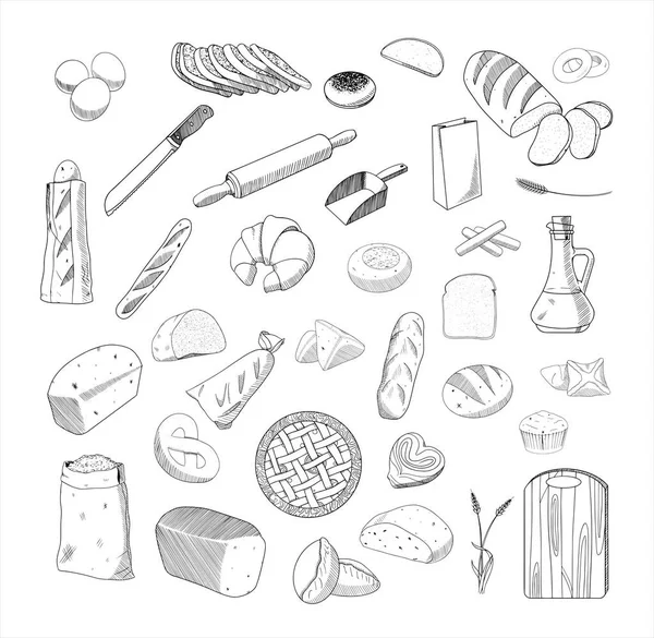 Set Monochrome Vector Illustrations Bread Sketch Style Collection Hand Drawings — Stock Vector