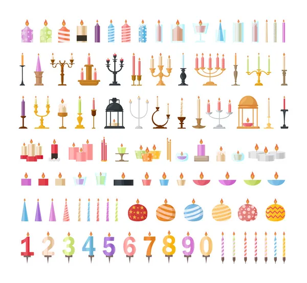 Kollektion Farbenfroher Kerzen Und Kerzenständer Flachen Stil Objekte Für Die — Stockvektor