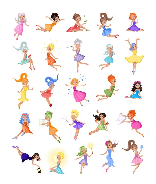 Fadas Mágicas Dos Desenhos Animados Uma Coleção Personagens Meninas Conto —  Vetores de Stock