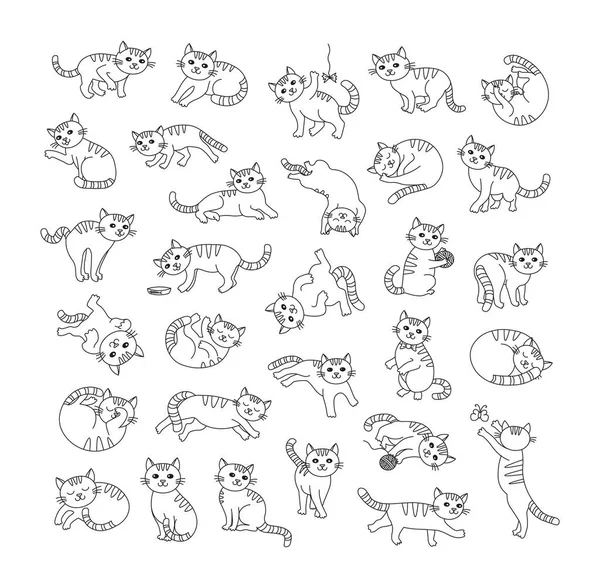 Farklı Pozlarda Şirin Kedi Koleksiyonu Doğrusal Bir Şekilde Duruyor Boyama — Stok Vektör