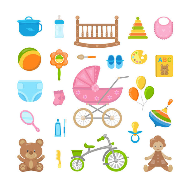 Набор детских товаров. Векторные иллюстрации для магазинов, сайтов, книг.