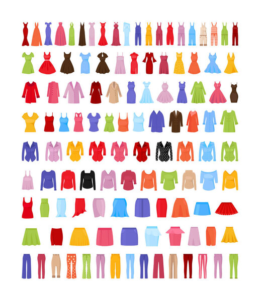 Collection of colorful women's clothing in flat style.