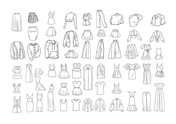 Collection Sketches Women Clothing Illustrations Outerwear Linear Style — Stock Vector