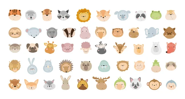 Vector Sammlung Von Niedlichen Cartoon Tiergesichtern Figuren Für Kinderbücher Karten — Stockvektor