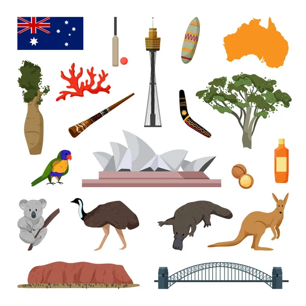 Vektorobjekt Associerade Med Australien Illustrationer Australiska Landmärken Modern Platt Stil — Stock vektor